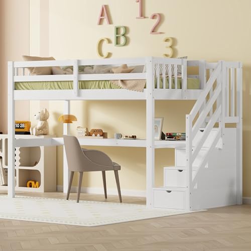 Hochbett mit integriertem Schreibtisch und Stauraumschubladen, Massivholz, platzsparend, funktional und langlebig, ideal für Schlafzimmer und Arbeitsbereich von Generic