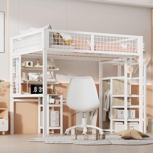 Hochbett mit stabilem Metallrahmen, Sicherheitsleiter, Vollgitter, integriertem Schreibtisch und Kleiderschrank, platzsparendes Jugendbett für Schlafzimmer oder Familienzimmer von Generic