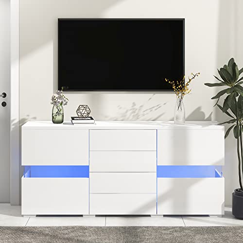 Hochglanz Sideboard mit 16 Farben LED-Leuchten Kommode mit 2 Türen 4 Schubladen TV-ständer Unterschrank für Esszimmer Wohnzimmer Stauschrank Eckschrank Weiß von Generic