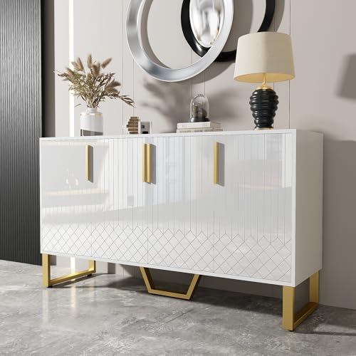 Hochglanz Sideboard mit 4 Türen Metallgriffe und -Beine Kabinett Geometrisches Buffetschrank für Schlafzimmer Wohnzimmer Esszimmer Anrichte Schließfächer Weiß von Generic