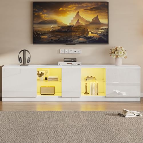 Hochglanz TV-Ständer 160x40x52 cm TV-Kommode mit LED-Beleuchtung 1 Türen 2 Schubladen Offene Regale Lowboard für Fernseher bis zu 65 Zoll TV Möbel Tisch Unterschrank Weiß von Generic
