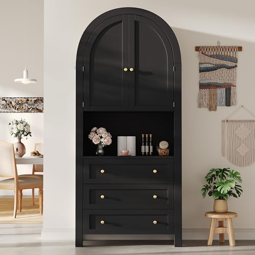Hochschränke mit Schubladen und Türen Freistehende Eckschrank mit offenem Ausstellungsbereich Sideboard für Wohnzimmer Esszimmer Küche Buffet Anrichte Schwarz von Generic