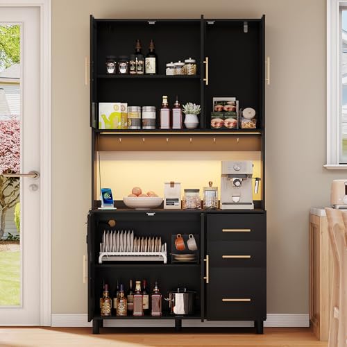 Hochschrank mit App-gesteuerte LED-Lichter 2 x USB 2 x Steckdosen verstellbare Einlegeböden 3 Schubladen Sideboard für Küche Wohnzimmer Esszimmer Lagerschränke Schwarz von Generic