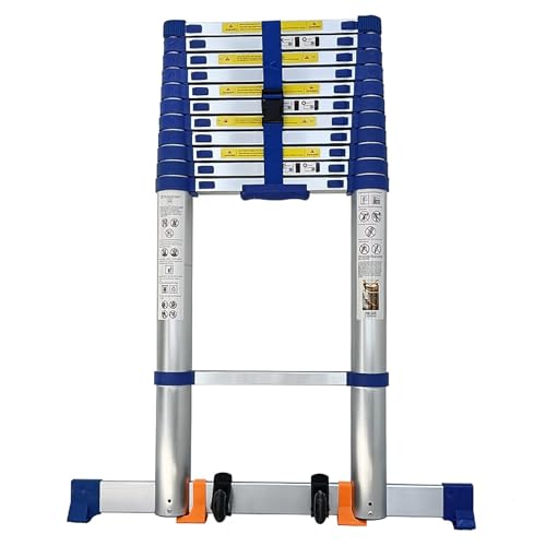 Höchste Teleskopleiter, robuste Aluminium-Teleskopleiter, einfach zu verwenden und zu tragen, mit Stabilisator und Rädern, tragbare Ausziehleiter (blau) von Generic