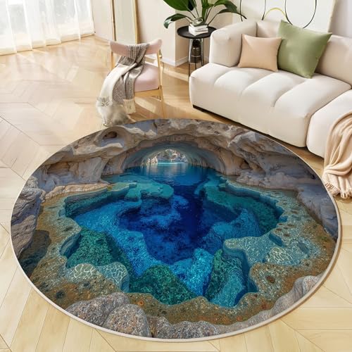 Höhlenbecken Teppich Rund 200 cm Surrealer Stil rutschfest Teppiche Wohnzimmer Runder Waschbar Teppiche Kurzflor Weich Runder Teppich Hellgrau for Wohnzimmer Schlafzimmer Studie Heimbüro von Generic