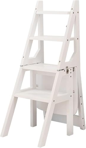 Hölzerner Klappbarer Bibliotheksleiterstuhl, 4-stufige Bibliotheksleiter, Wandelbarer Klappstuhl Tritthocker Displayständer Für Erwachsene Büro Zuhause Küche Im Freien, White von Generic