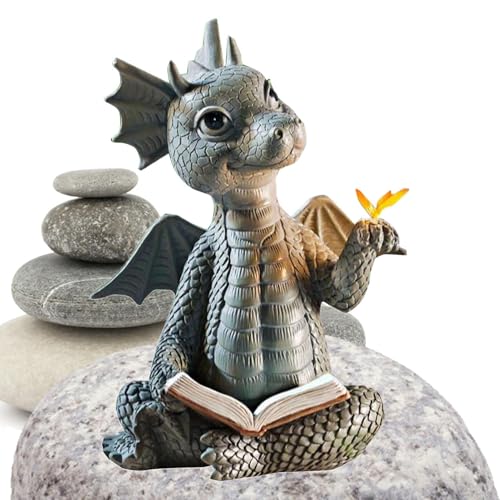 Hof Drachenskulptur Ornamente | Lesebuch und Schmetterling Baby Drache Statue, Drachenmeditieren von Garten Skulptur dekorativer Drache von Generic