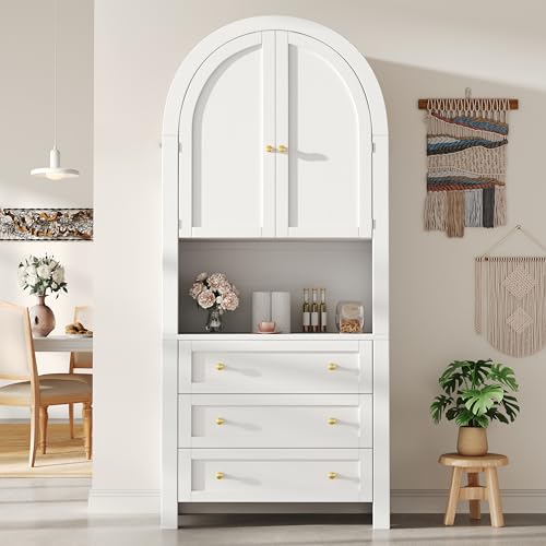 Hoher Aufbewahrungsschrank mit Bogen-Design, 3 Schubladen und Türen, freistehender Hochschrank aus MDF, offener Ausstellungsbereich, dekorativer Schrank für Küche, Esszimmer und Wohnzimmer Hoher Aufbewahrungsschrank mit Bogen-Design, 3 Schubladen und Türen, freistehender Hochschrank aus MDF, offener Ausstellungsbereich, dekorativer Schrank für Küche, Esszimmer und Wohnzimmer von Generic