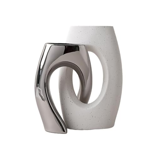 Hohle Keramikvase, 2er-Set, dekorative Blumenvase im nordischen, modernen Boho-Stil für Pampasgras und Bauernhaus(White and silver) von Generic