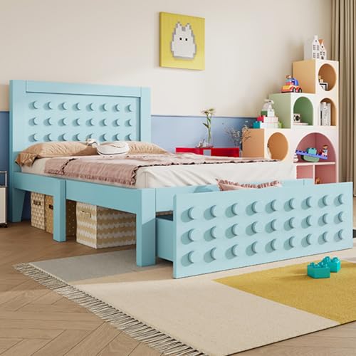 Holz Bett Einzelbett 90x200 cm, Bett Jugendbett mit Kreativem Block Design, Massivholz Bettgestell mit Lattenrost, mit Schubladen & Unterm Bett Stauraum, (Blau, Ohne Matratze) von Generic