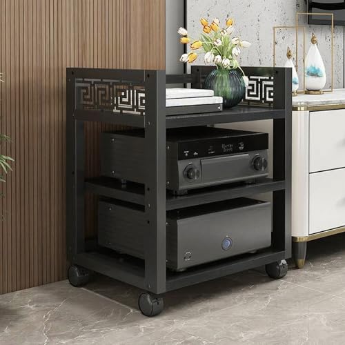 Holz & Stahl Audioturm mit Verstellbaren Regalen, 3/4/5-stufiger HiFi Rack mit Rädern, Audio-Komponenten Offener CD-Player-Ständer, für Heimkino Schlafzimmer(Black,68cm/26.8in) von Generic
