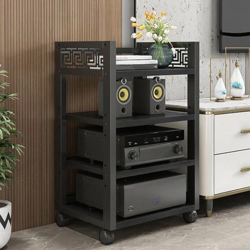 Holz & Stahl Audioturm mit Verstellbaren Regalen, 3/4/5-stufiger HiFi Rack mit Rädern, Audio-Komponenten Offener CD-Player-Ständer, für Heimkino Schlafzimmer(Black,88cm/34.6in) von Generic