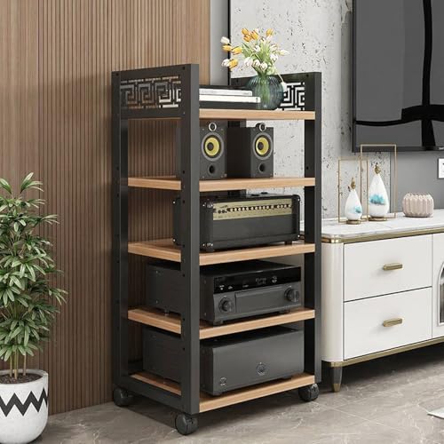 Holz & Stahl Audioturm mit Verstellbaren Regalen, 3/4/5-stufiger HiFi Rack mit Rädern, Audio-Komponenten Offener CD-Player-Ständer, für Heimkino Schlafzimmer(Brown,108cm/42.5in) von Generic