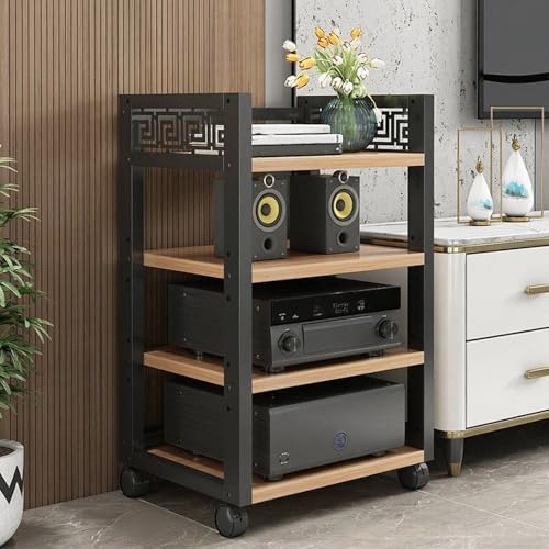 Holz & Stahl Audioturm mit Verstellbaren Regalen, 3/4/5-stufiger HiFi Rack mit Rädern, Audio-Komponenten Offener CD-Player-Ständer, für Heimkino Schlafzimmer(Brown,88cm/34.6in) von Generic