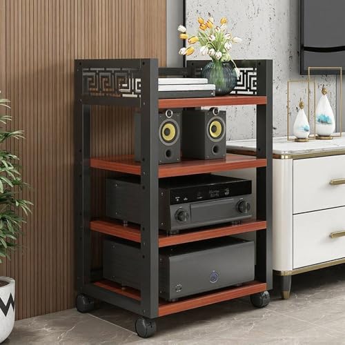 Holz & Stahl Audioturm mit Verstellbaren Regalen, 3/4/5-stufiger HiFi Rack mit Rädern, Audio-Komponenten Offener CD-Player-Ständer, für Heimkino Schlafzimmer(Red,88cm/34.6in) von Generic