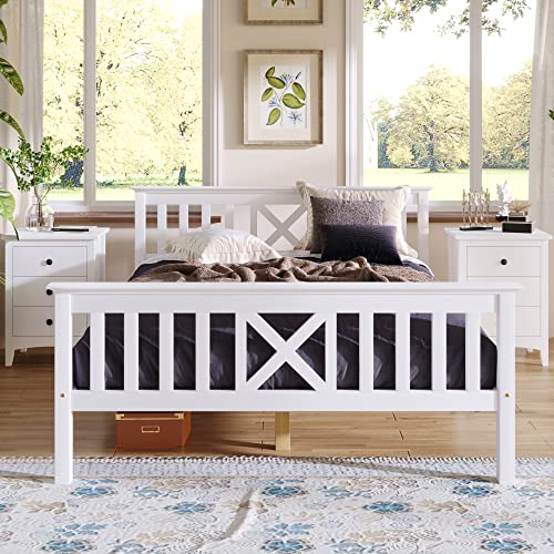 Holzbett Doppelbett aus Bettgestell mit Lattenrost Holzbett mit Kopfteil - 140 x 200 cm Massivholz Kinderbett Jugendbett Kiefer massiv Weiß von Generic