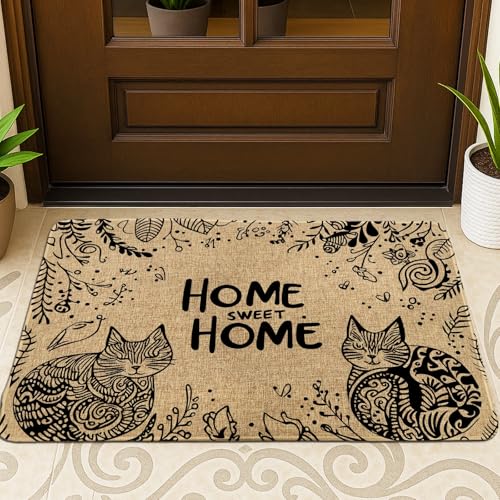 Home Sweet Home Katzen-Fußmatte, Beige Kitty Willkommensmatte für den Innen- und Außenbereich, florales Design, rutschfester Eingangsteppich, leicht zu reinigen, 73,2 x 43,2 cm von Generic