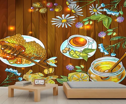 Honig Tapete Teeblumen Wabenbienen Tapete für Mädchenschlafzimmer Teetasse Zitronenscheibe Wandbilder für Wohnzimmer Blumenstrauß Pflanzen Natur Büro Wandpapier Wohnzimmer Wandbild Poster von Generic