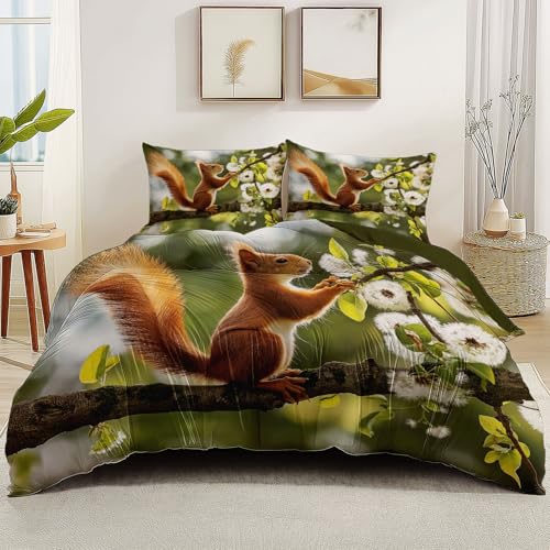 Hotelqualität Bettbezug 155 x 200 cm Größe für Erwachsene und Kinder, Tiere Eichhörnchen Zweige Aesthetic Bettwäsche Set kuschelig weich für Schlafzimmer Kinderzimmer Dunkelgrün von Generic