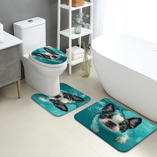 Hunde-Badematten-Set, 3-teilig, niedliche französische Hunde, Schwimmkunst, saugfähig, rutschfest, WC-Vorleger, U-förmig, waschbar, zeitgenössischer Hundeliebhaber, schnell trocknender Memory-Schaum von Generic