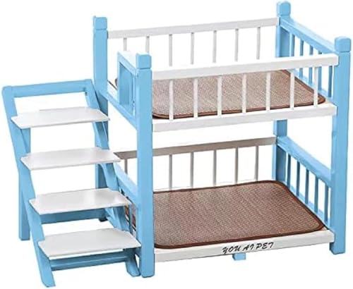 Hunde-etagenbett Für Kleine Hunde Medium Pet, Doppelschicht-holzrahmen-haustierbett Mit St Erhöhter Sitzstange Hund Katze Stufen, Perfekt Für Kleine Hunde Medium Hunde Betten, Blue, Large von Generic
