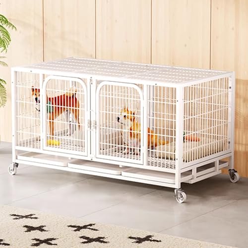 Hundetransportbox Hundekäfig Möbel Karbonstahl Stapelbar Hochbelastbar Hundehaus for Zuhause 2 Türen Mit Rollen und Tablett Leicht Zu Reinigen(White,138 * 52 * 67cm) von Generic
