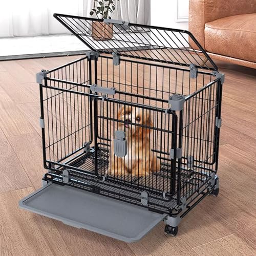 Hundetransportbox Hundezwinger Hundebox Faltbar Eisenrahmen 2- Bis 3-Fach Stapelbar Doppeltüren Ausbruchsicher Mit Lenkrollen und Tablett Leicht Zu Reinigen(Gray,61.5 * 43 * 56cm) von Generic