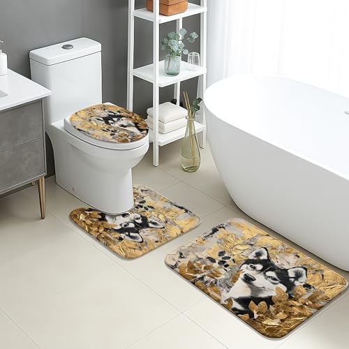 Husky Badezimmermatten-Set, 3-teilig, elegant, goldfarbene Blätter, Hund, saugfähig, rutschfest, U-förmig, waschbar, Herbst-inspiriert, schnell trocknend, Memory-Schaum, Badezimmerteppich-Set Husky Badezimmermatten-Set, 3-teilig, elegant, goldfarbene Blätter, Hund, saugfähig, rutschfest, U-förmig, waschbar, Herbst-inspiriert, schnell trocknend, Memory-Schaum, Badezimmerteppich-Set von Generic