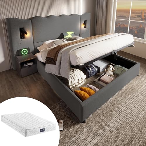 Hydraulisch Polsterbett mit Leselampe, USB Type-C Ladefunktion Doppelbett Stauraumbett Bettkasten mit Lattenrost aus Massivholz und Metall Gästebett Ohne Nachttisch Grau Leinen mit Matratze 160x200 von Generic