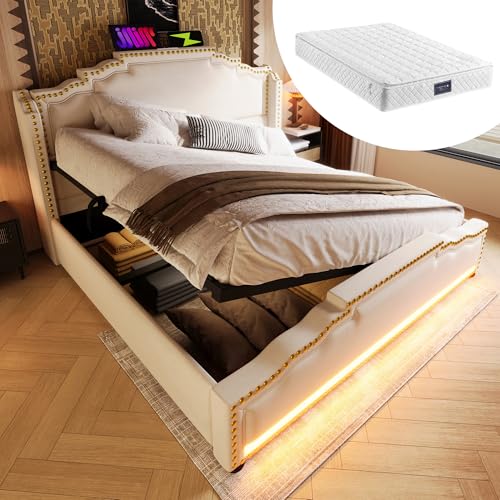 Hydraulischem Polsterbett mit LED-Beleuchtung und USB-C-Ladeanschluss Doppelbett mit Lattenrost Stauraumbetten für Erwachsene Jugendliche Samt Gästebett Beige mit Matratze 140x200 cm Hydraulischem Polsterbett mit LED-Beleuchtung und USB-C-Ladeanschluss Doppelbett mit Lattenrost Stauraumbetten für Erwachsene Jugendliche Samt Gästebett Beige mit Matratze 140x200 cm von Generic