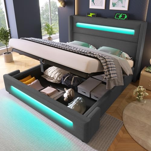 Hydraulischem Polsterbett mit LED USB Type-C Aufladen Doppelbett Metall Bettrahmen mit Holzlatten Stauraumbetten Bettkasten für Erwachsene Leinen Gästebett Grau Ohne Matratze 160x200 cm von Generic