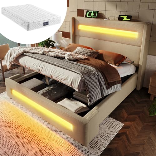 Hydraulischem Polsterbett mit LED USB Type-C Aufladen Einzelbett Metall Bettrahmen mit Holzlatten Stauraumbett Bettkasten für Erwachsene Leinen Gästebett Beige mit Matratze 140x200 cm von Generic