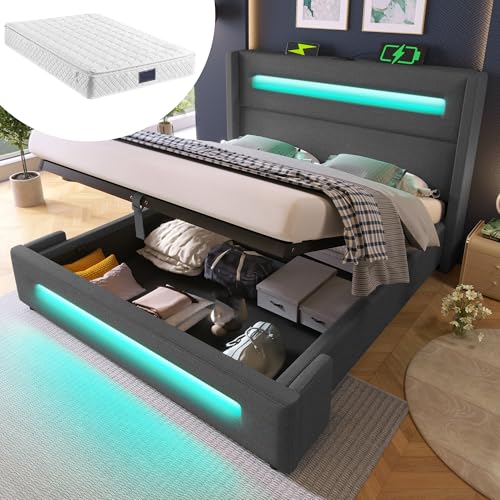 Hydraulischem Polsterbett mit LED USB Type-C Aufladen Einzelbett Metall Bettrahmen mit Holzlatten Stauraumbett Bettkasten für Erwachsene Leinen Gästebett Grau mit Matratze 140x200 cm von Generic