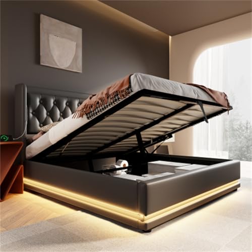 Hydraulisches Polsterbett Kopfteil mit USB Typ-C Ladefunktion Doppelbett 3-seitige LED-Funktion Stauraumbett Jugendbett für Erwachsene Jugendliche Gästebett Schwarz Ohne Matratze 140x200 cm von Generic