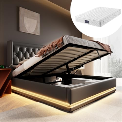 Hydraulisches Polsterbett Kopfteil mit USB Typ-C Ladefunktion Doppelbett 3-seitige LED-Funktion Stauraumbett Jugendbett für Erwachsene Jugendliche Gästebett Schwarz mit Matratze 140x200 cm von Generic
