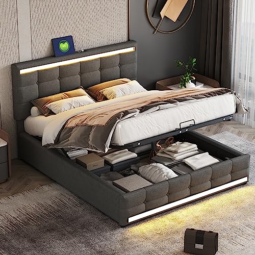 Hydraulisches Polsterbett Verstellbare Kopfteilhöhe mit USB LED-Lichtstreifen Einzelbett Bettkasten für Erwachsene Jugendliche Gästebett Ohne Matratze Grau mit Stauraum 140x200 cm von Generic