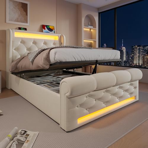 Hydraulisches Polsterbett mit LED-Leuchten Einzelbett mit USB- und Typ-C-Anschlüssen Stauraumbett Bettkasten für Erwachsene Jugendliche Gästebett Beige Ohne Matratze 90x200 cm Hydraulisches Polsterbett mit LED-Leuchten Einzelbett mit USB- und Typ-C-Anschlüssen Stauraumbett Bettkasten für Erwachsene Jugendliche Gästebett Beige Ohne Matratze 90x200 cm von Generic