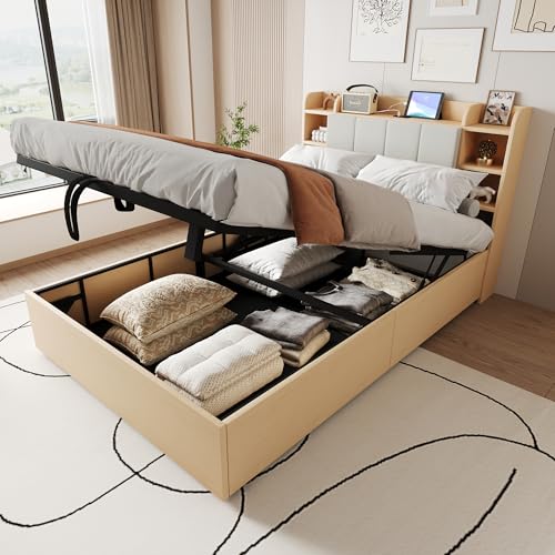Hydraulisches Stauraumbett Bettkasten mit USB- und Tape-C-Steckdose Einzelbett Kopfteil mit Stauraum für Erwachsene Jugendliche Holz Lattenrost Gästebett Ohne Matratze Holzfarbe 140x200 cm von Generic