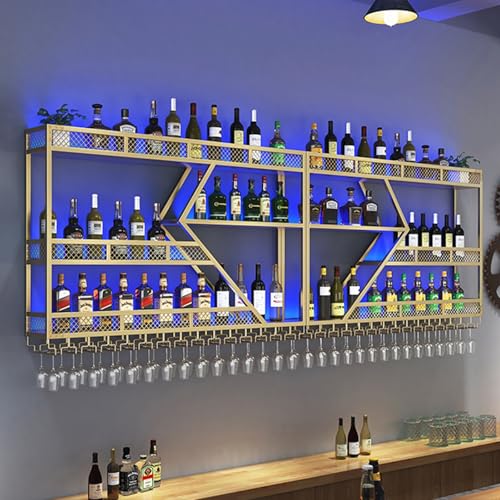 Industrielles Eisen-Weinlagerregal mit Lichtern und Weinglashalter Spirituosenflaschenregal mit großer Kapazität für Bartheke und Weinkeller Wandhalterung (Gold) von Generic
