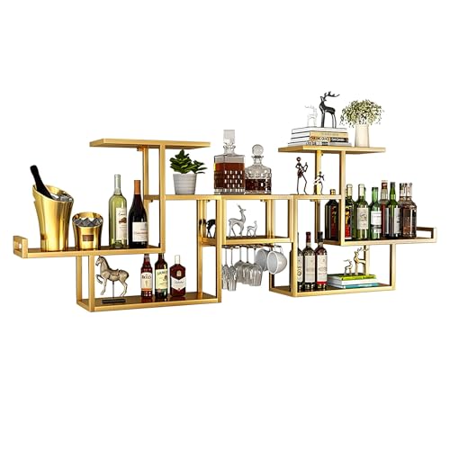 Industrielles wandmontiertes Weinregal aus Metall mit schwimmendem Spirituosenflaschenregal, Weinglashalter und platzsparendem Design Gold 120cm Industrielles wandmontiertes Weinregal aus Metall mit schwimmendem Spirituosenflaschenregal, Weinglashalter und platzsparendem Design Gold 120cm von Generic