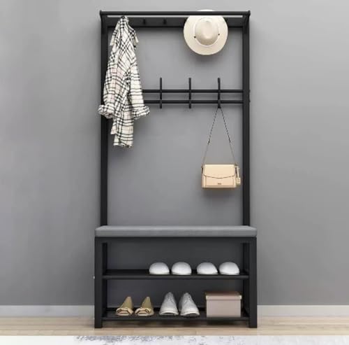 Industrieständer Mit Bank, Eingangshallenbaum Mit 2-stöckigem Schuhregal Und 10 Haken Für Eingangsflur, Freistehender Garderobenständer Mit Schuhaufbewahrung, A, 60X33X170CM von Generic