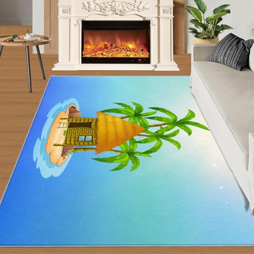 Inselhütte Teppich Naturpflanze Kokosnussbaum Kinderteppiche Minimalistisches Blaues Meer 70x120 Rug Ozeaninsel Vorleger Rutschfester Teppich Für Stark Frequentierte Bereiche von BEQUTIY