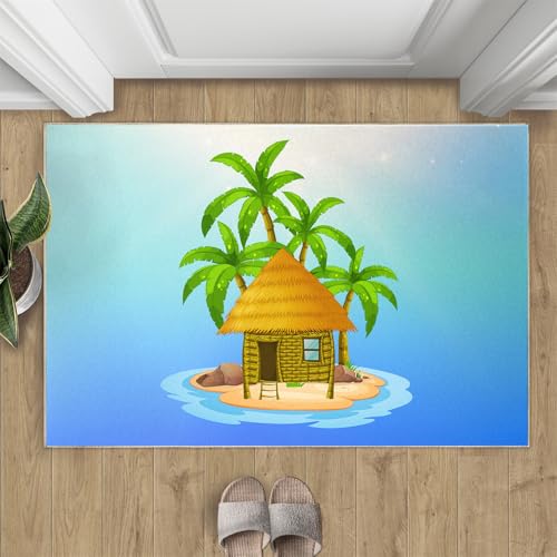 Inselhütte Teppich Naturpflanze Kokosnussbaum Kleine Teppiche Minimalistisches Blaues Meer 50x80 Rug Ozeaninsel Vorleger Rutschfester Teppich Für Stark Frequentierte Bereiche von BEQUTIY