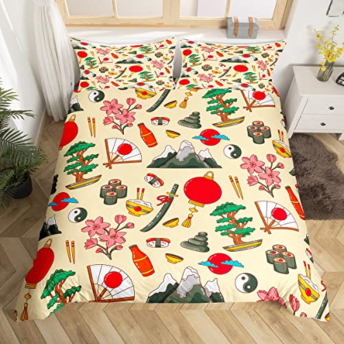 Japanischer Stil Bettbezug Set S Größe Sushi Tai Chi Fuji Berg Bettwäsche Set Ukiyoe Thema Tröster Abdeckung Kinder Mädchen Jungen Vintage Traditionelle Quilt Cover, 1 Kissenbezug von Generic