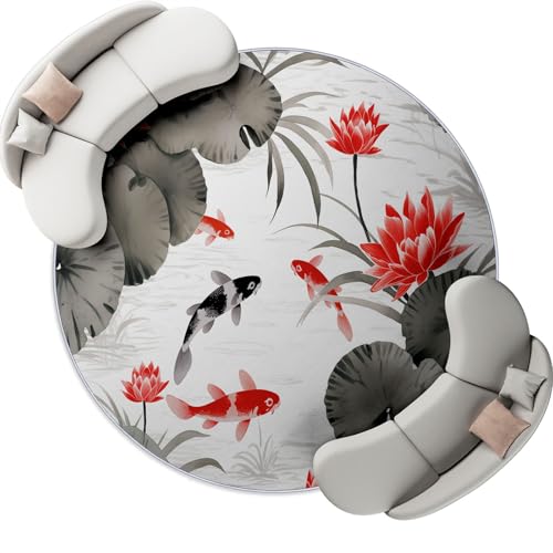 Japanischer Stil Tuschemalerei Lotus Pflanzen Waschbarer Teppich Rund 120 cm Grau Rot Runder Rutschfester Kurzflor Teppiche, Wohnzimmer Schlafzimmer Esszimmer Büro von Generic