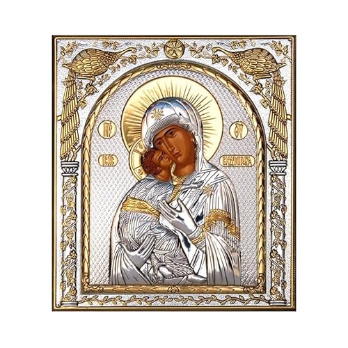 Jungfrau Maria Ikone Panagia von Vladimir, Handgemachte Silber 999 Griechisch-Orthodoxe Ikone, Byzantinische Kunst Wandbehang auf Holztafel religiöse Ikone 21x25 (21x25 cm) cm von Generic