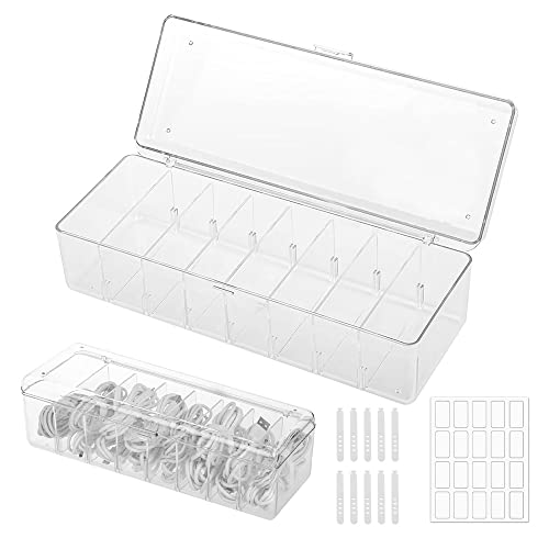 Kabel Organizer Box mit Deckel 8 Fächer Abziehbare USB Kabel Vitamin Schmuck Aufbewahrungsbox mit 10 Kabelbinder und Etikettpapier Transparent Schreibtisch Organizer Schublade Veranstalter(26*9,5*7cm) von Generic