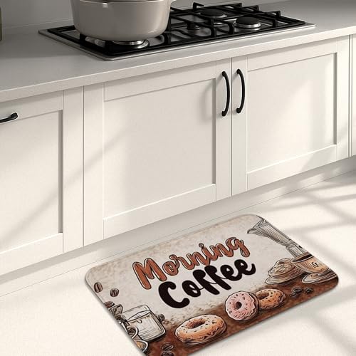 Kaffee-Küchenmatten für Boden, Morgenkaffee, Donuts, Vintage, weich, gepolstert, bequem, waschbar, rutschfest, Dekor-Teppiche für Küchenspüle, Waschküche, Badezimmer, 40,6 x 61 cm von Generic