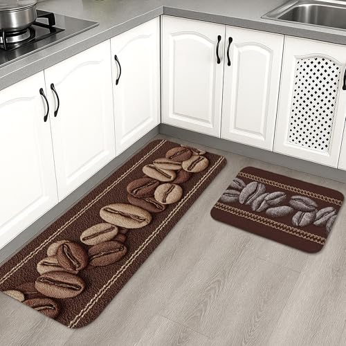 Kaffeebohnen-Küchenmatten für Boden, braunes Kaffeemuster, dekorativ, weiche Teppiche, gepolstert, bequem, waschbar, rutschfest, Dekor-Matten für Küchenspüle, Waschküche, 2 Stück von Generic