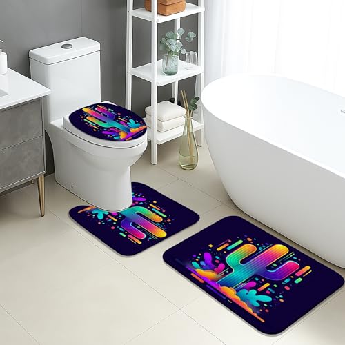 Kaktus-Badematten-Set, 3-teilig, bunt, Spritzkunst, saugfähig, rutschfest, WC-Vorleger, U-förmig, waschbar, modern, lebendig, schnell trocknend, Flanell-Badezimmerteppich-Set von Generic